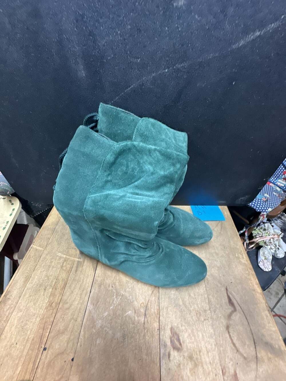 Stagelight Green Suede Slouch Boots with Back Lace-Up Detail Size 7.5